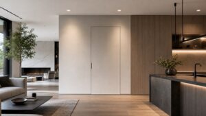 A contemporary living room with a flush concealed door blended into painted plaster and wood veneer walls.