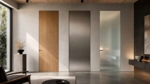Three flush-mount door panels in wood, metal, and frosted glass integrated into a refined modern wall.