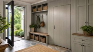 A refined mudroom with a concealed side entrance blended into built-in storage and wall paneling.