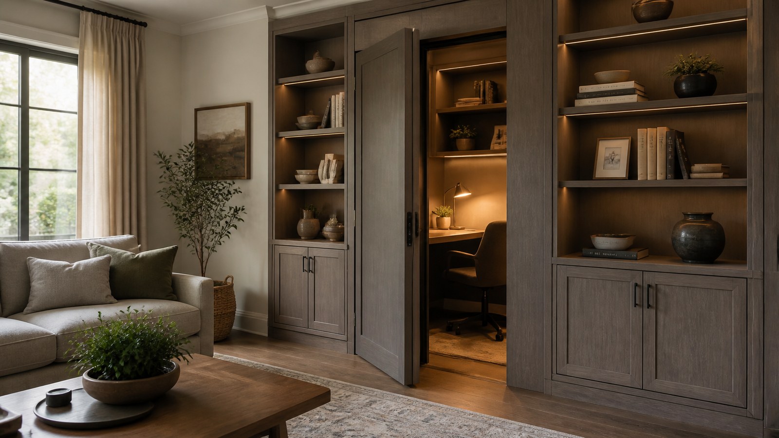 A concealed home office door partially open behind built-in shelving in a warm living room.