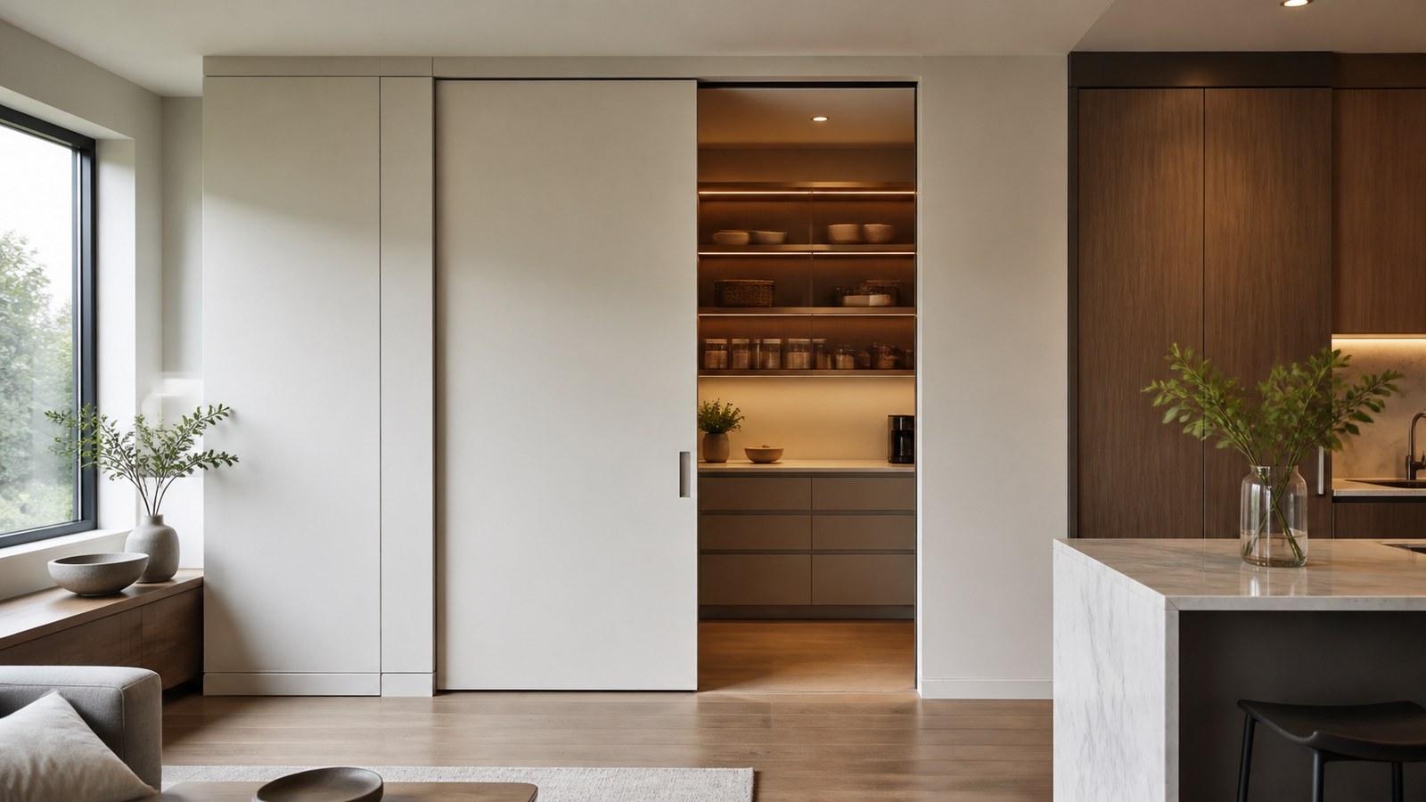 A modern compact room with a concealed sliding wall panel partially open to reveal hidden storage.