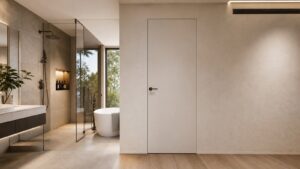 A spa-like bathroom threshold with a flush-mount moisture-resistant door integrated into the wall.