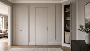 A refined hallway with an invisible storage and utility door blended into painted wall panels.