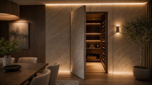 A refined dining room with an invisible wall panel door open to a softly lit wine cellar.