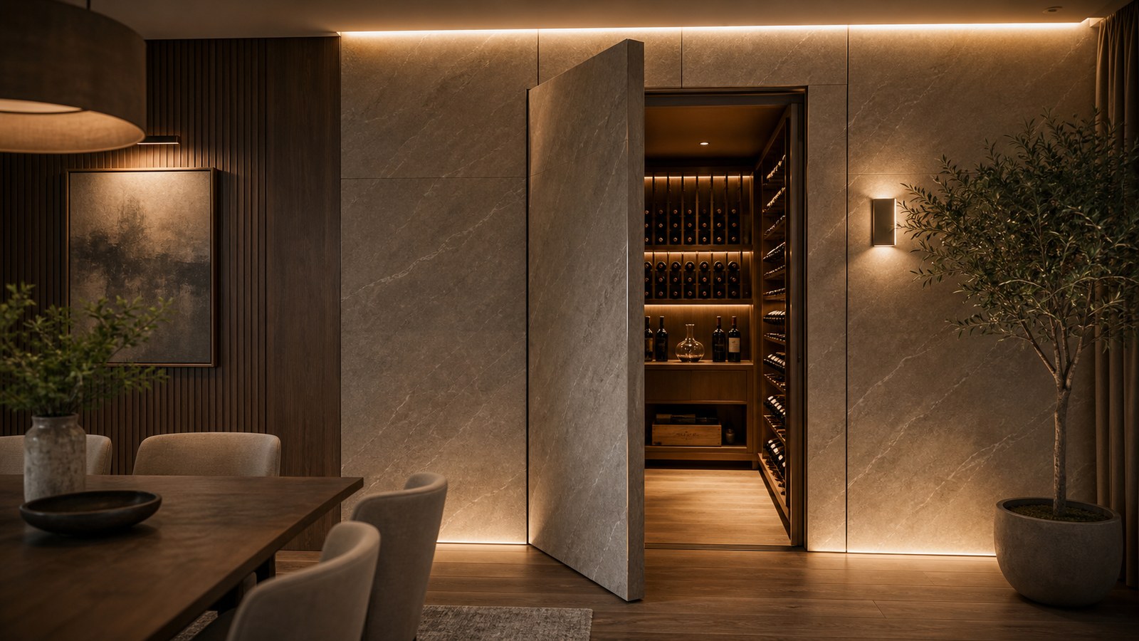 A refined dining room with an invisible wall panel door open to a softly lit wine cellar.