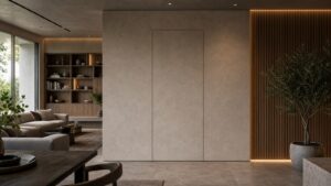 A stylish contemporary room with an invisible flush door integrated into a textured wall.
