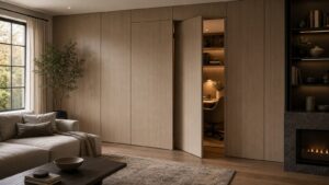 An invisible doorway in wall paneling opening to a warm compact home office.