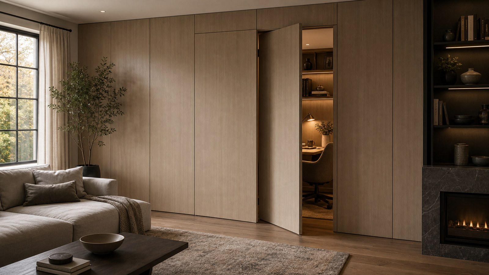 An invisible doorway in wall paneling opening to a warm compact home office.