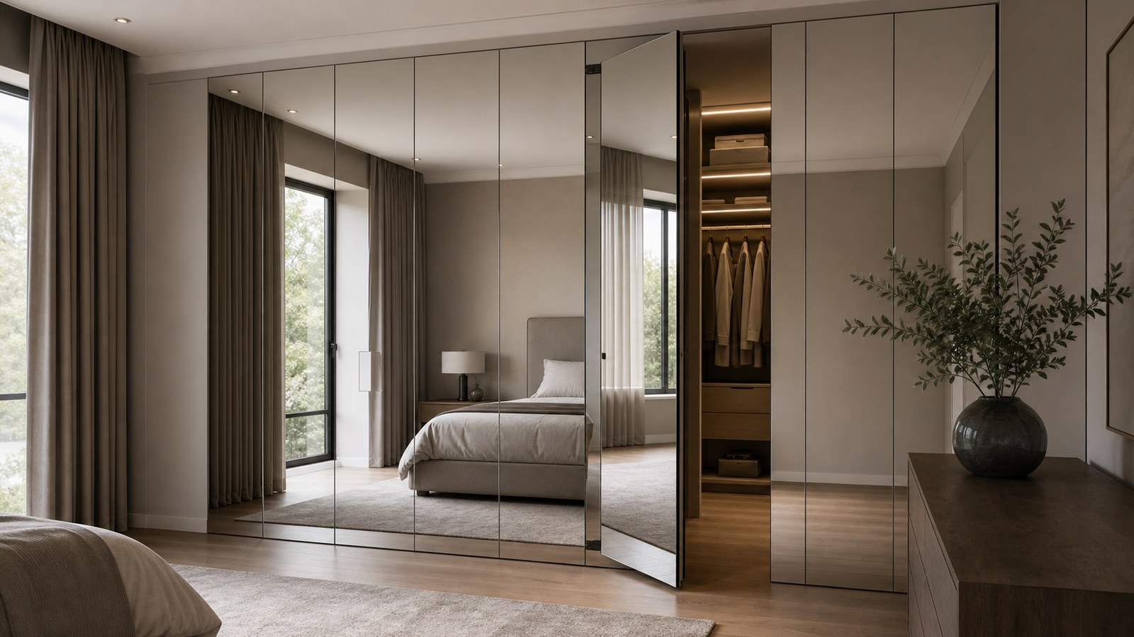 A full-height invisible mirror door blended into a refined bedroom dressing wall.