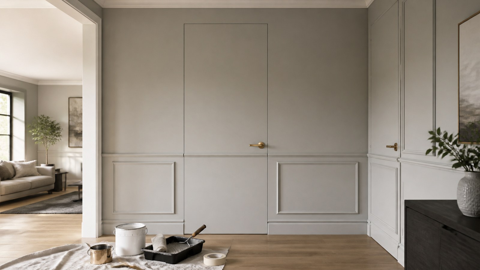 A flush painted door blended into a wall with matching panel trim in a contemporary room.