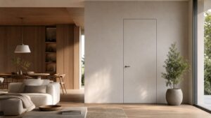 A warm modern living room with a flush-mount door blended into a smooth architectural wall.