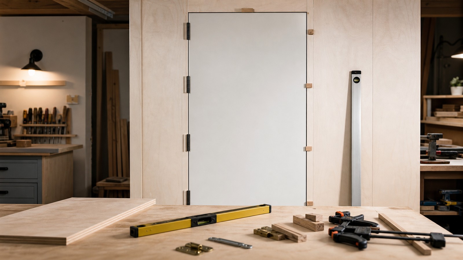 A realistic workshop scene showing a concealed door mockup being checked for alignment with no text or labels.
