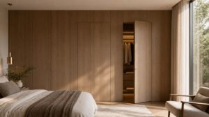 A serene bedroom with concealed closet doors integrated into warm wood wall panels.