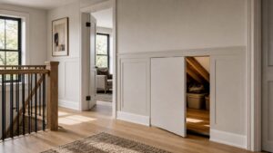 A clean upper landing with a concealed attic door integrated into painted wall panels.