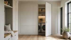 A bright hallway with a concealed laundry room door integrated into painted wall panels.