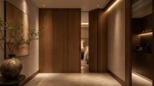 A warm boutique hotel corridor with concealed doors integrated into wood and textured wall panels.