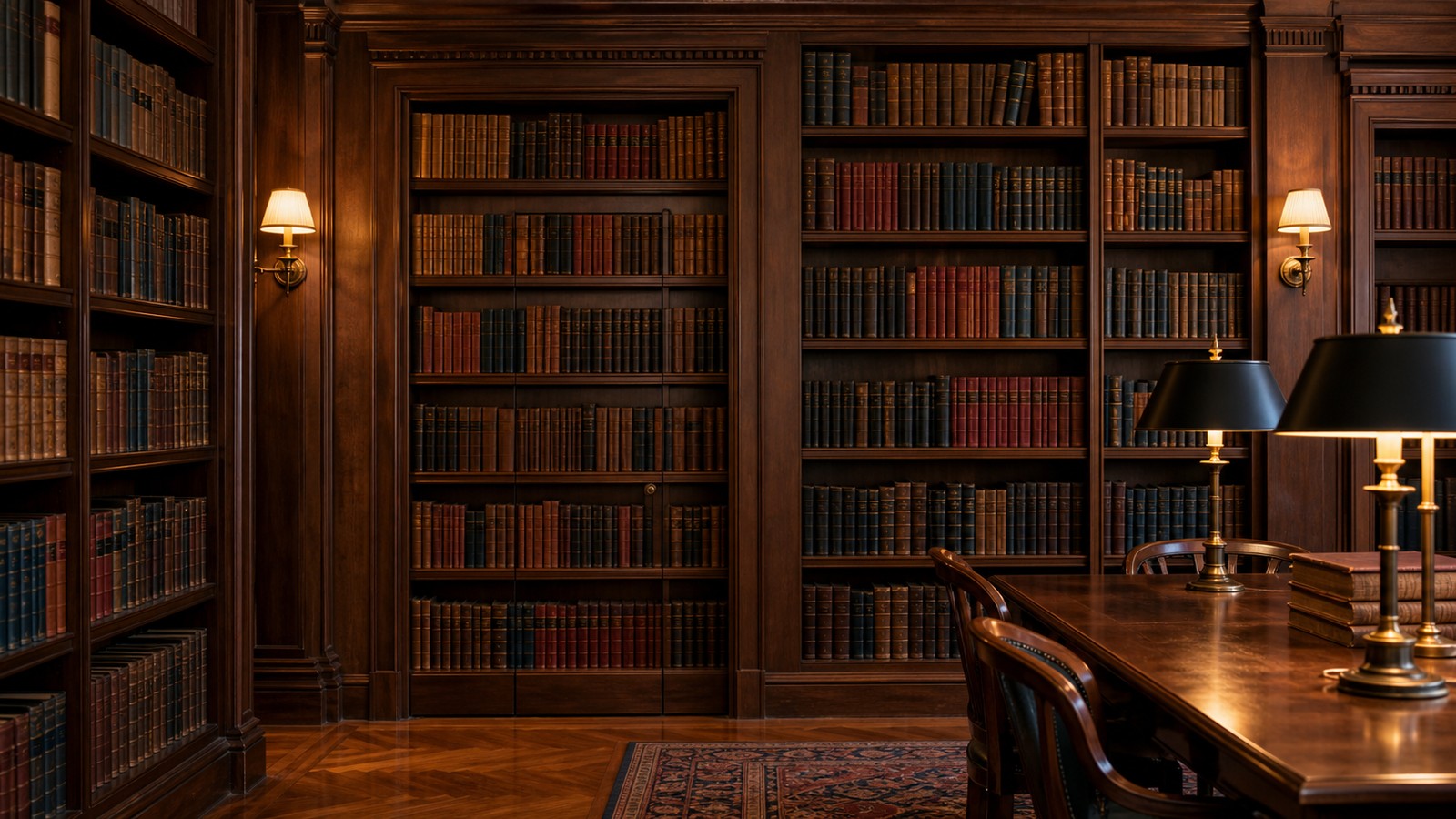 A realistic historic library interior with a concealed bookcase door and no readable book titles.