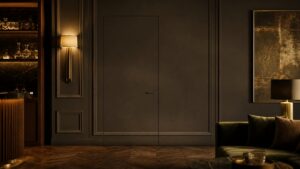 A realistic editorial image of a cinematic interior set with a concealed wall door under studio lighting.