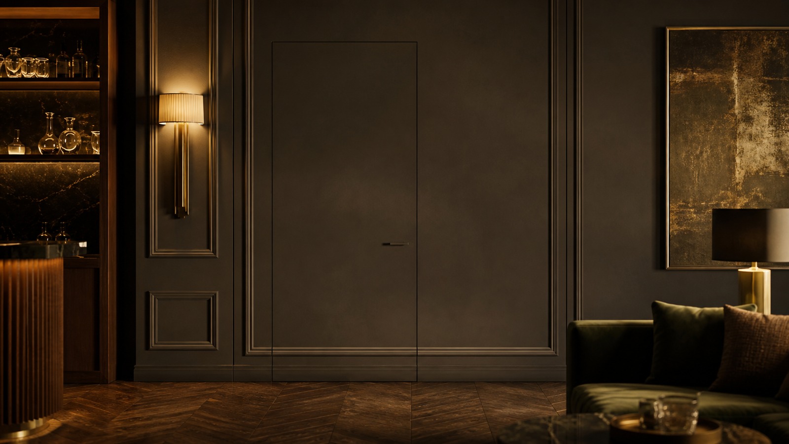 A realistic editorial image of a cinematic interior set with a concealed wall door under studio lighting.