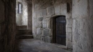 A realistic medieval stone fortress passage with a concealed postern-style door and no readable markings.