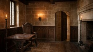 A realistic editorial image of a medieval castle chamber with a concealed wooden door blended into stone and paneling.