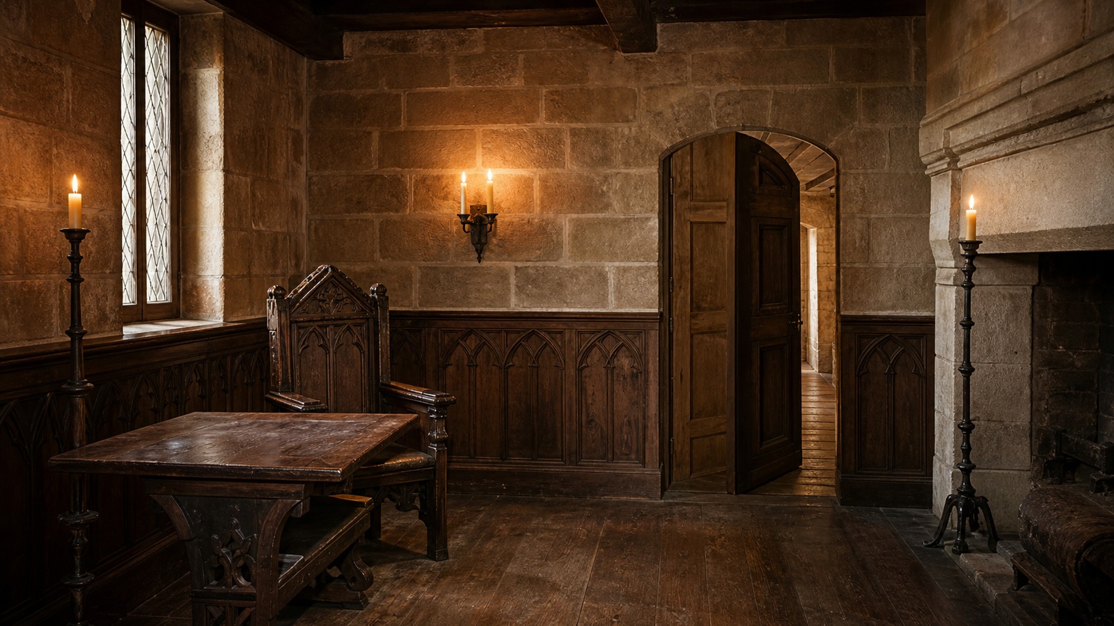 A realistic editorial image of a medieval castle chamber with a concealed wooden door blended into stone and paneling.