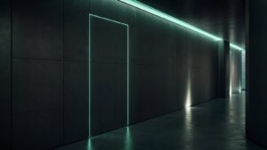 A realistic editorial image of a futuristic corridor with a seamless concealed doorway and cinematic green-blue lighting.
