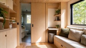 A compact tiny home interior with a concealed door integrated into pale wood built-ins.