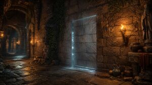 A realistic editorial image of a moody game-inspired stone corridor with a subtly concealed doorway and glowing light beyond.