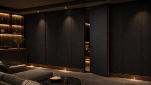 A luxury home theater entrance hidden within dark paneled walls beside a softly lit media room.