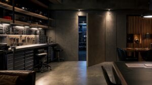 A realistic editorial image of a modern workshop hideout with a concealed wall doorway and subtle heroic atmosphere.