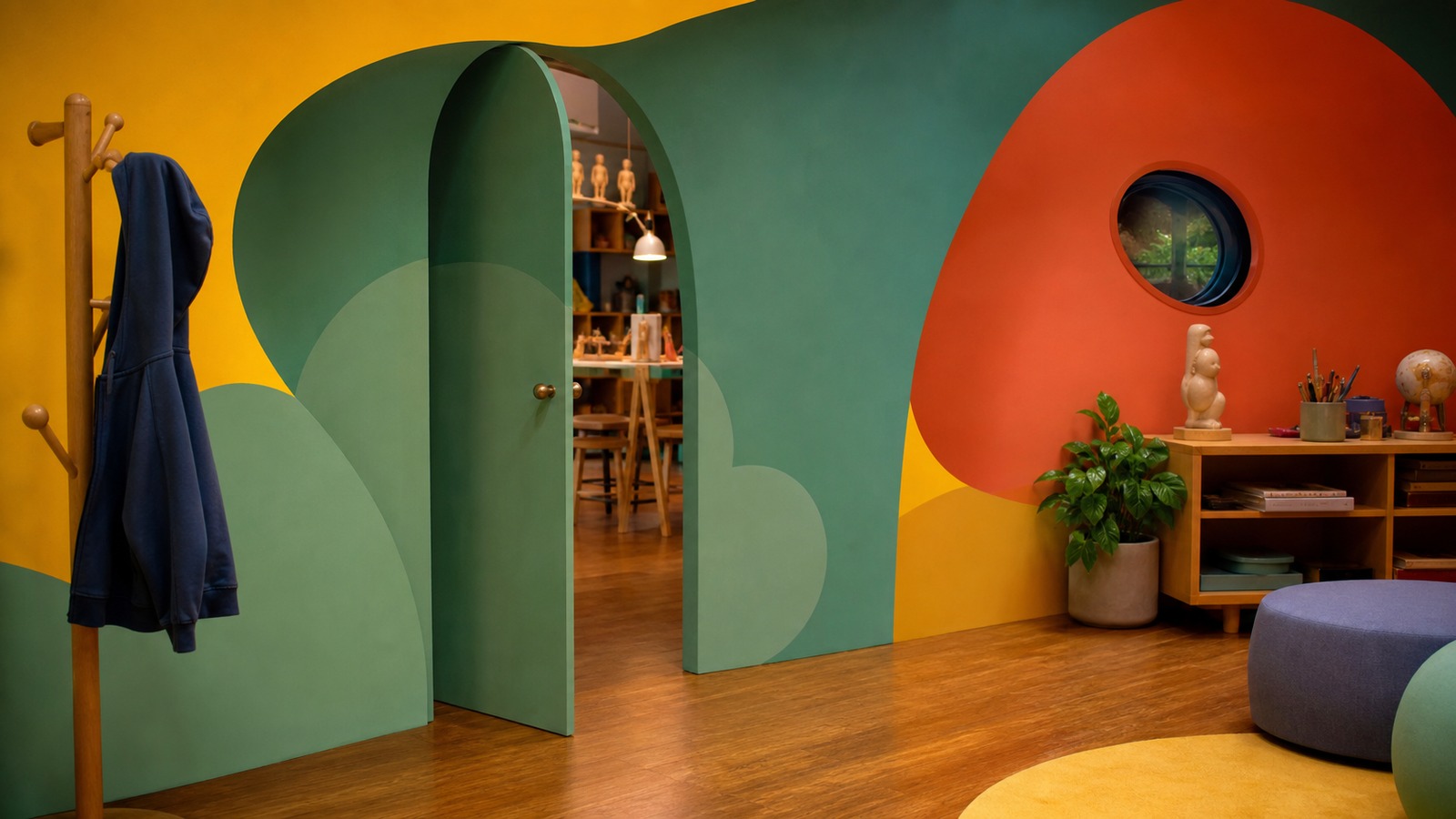 A realistic editorial image of a colorful animation studio-style set with a playful concealed entrance in a painted wall.