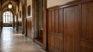 A realistic old university corridor with a concealed paneled entrance and no readable signs or logos.