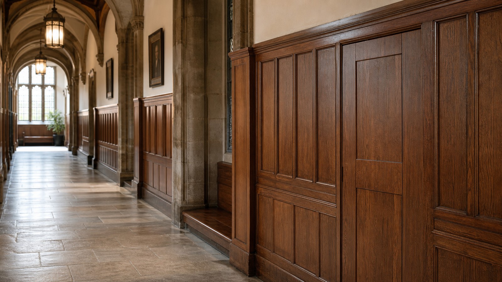 A realistic old university corridor with a concealed paneled entrance and no readable signs or logos.