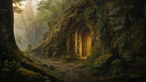 A realistic editorial fantasy image of a mossy forest stone doorway concealed by vines and soft magical light.