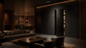 A realistic editorial image of a refined cinematic lounge with a sleek concealed entrance in a wood and stone wall.