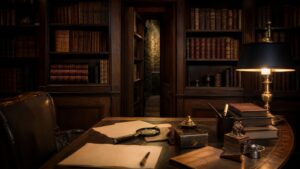 A realistic editorial image of an old study with a concealed passage behind shelves and investigative objects on a desk.