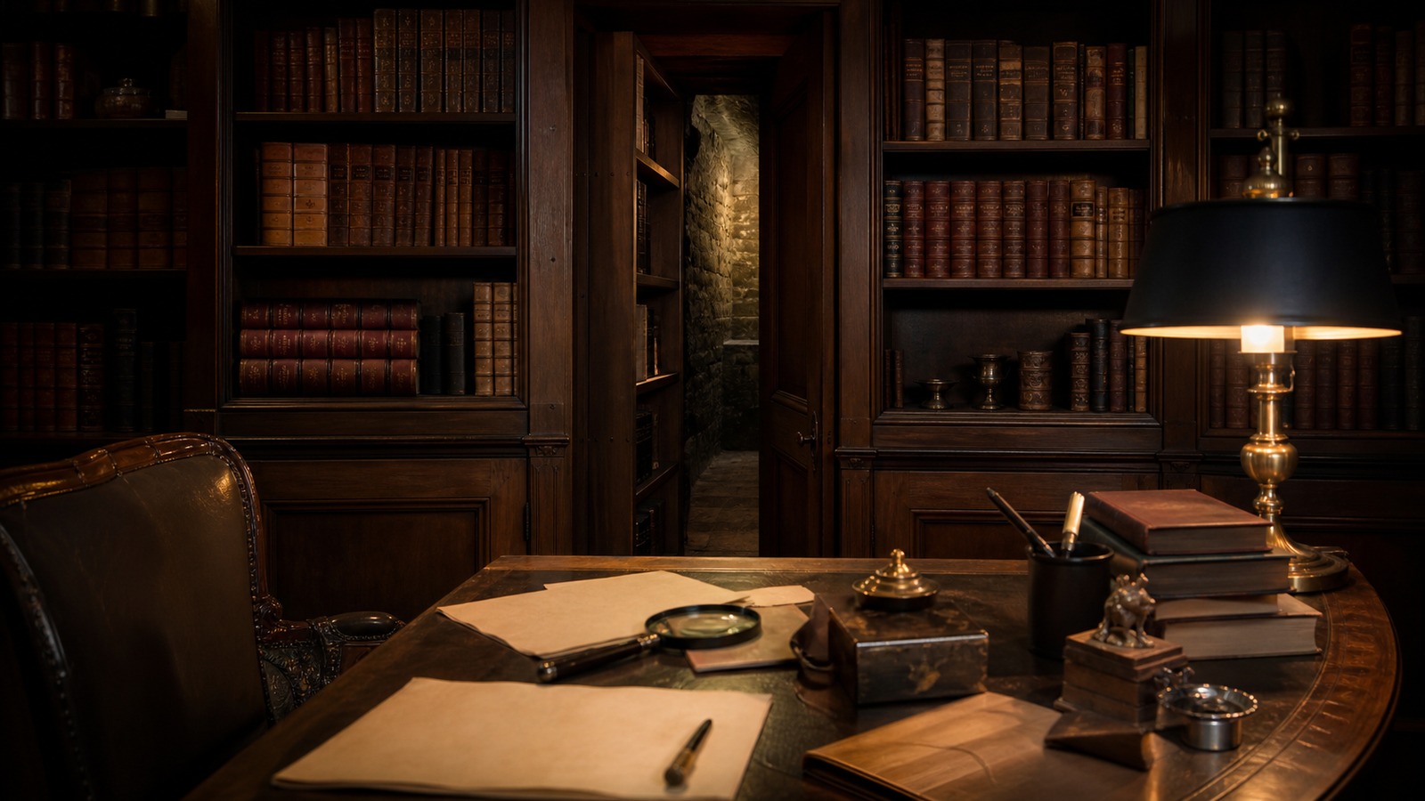A realistic editorial image of an old study with a concealed passage behind shelves and investigative objects on a desk.