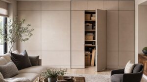 A refined living room wall with concealed storage doors and neatly organized shelves behind one open panel.