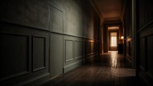 A realistic editorial image of a horror film hallway with a concealed door seam and low cinematic light.