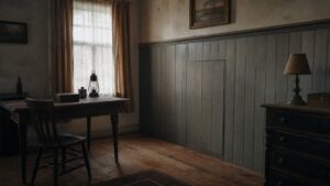 A realistic editorial image of a modest wartime-era room with a discreet hidden panel in old woodwork.