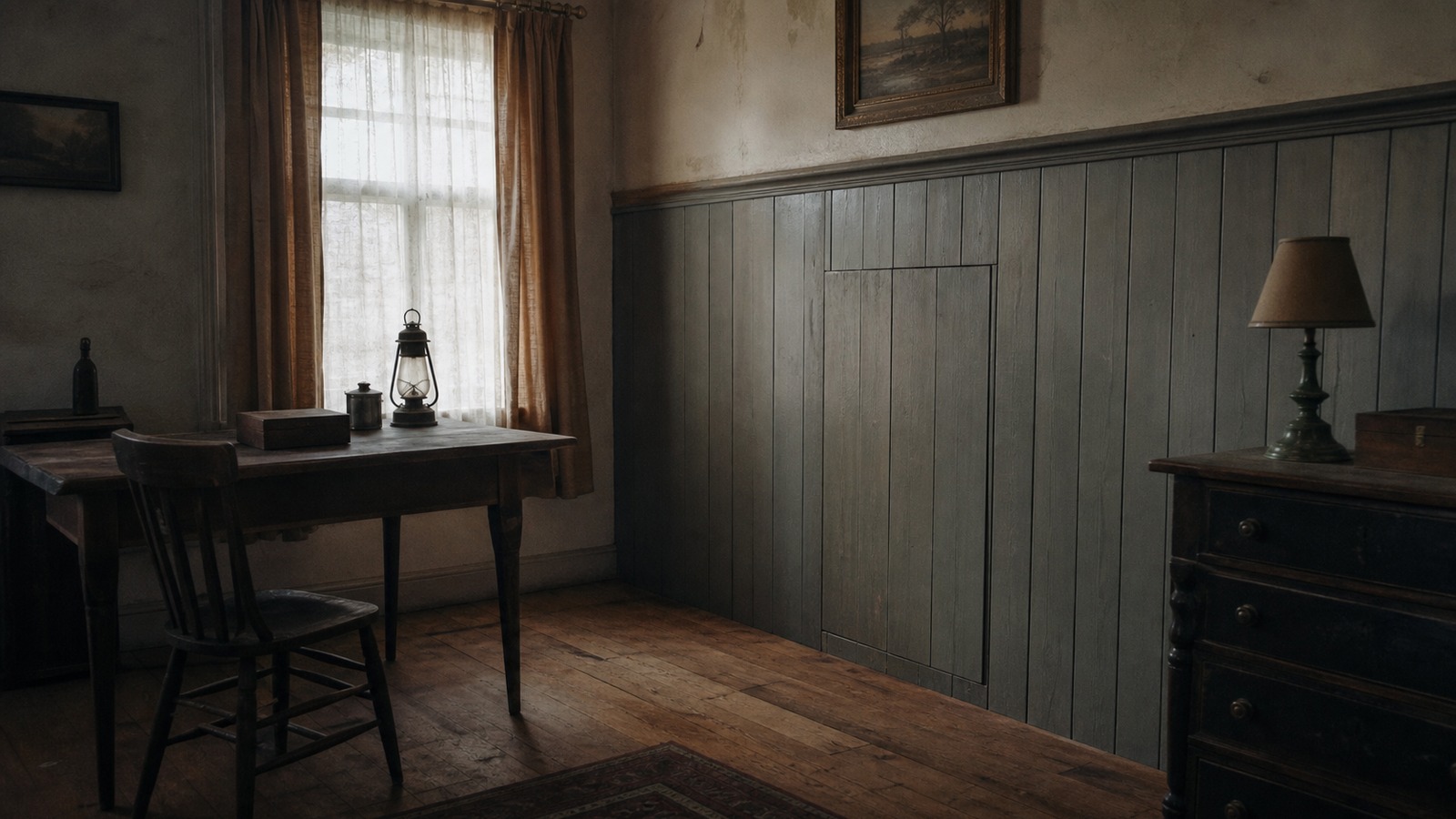 A realistic editorial image of a modest wartime-era room with a discreet hidden panel in old woodwork.