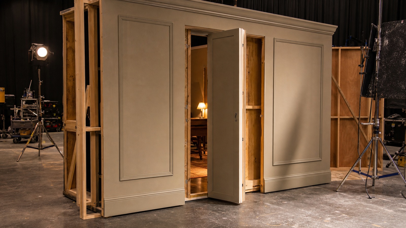A realistic editorial image of a film set wall section with a concealed door being prepared under studio lights.