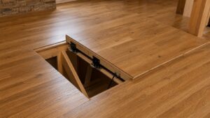A realistic workshop-style image of a flush floor trapdoor panel being fitted into hardwood flooring with hidden hardware.
