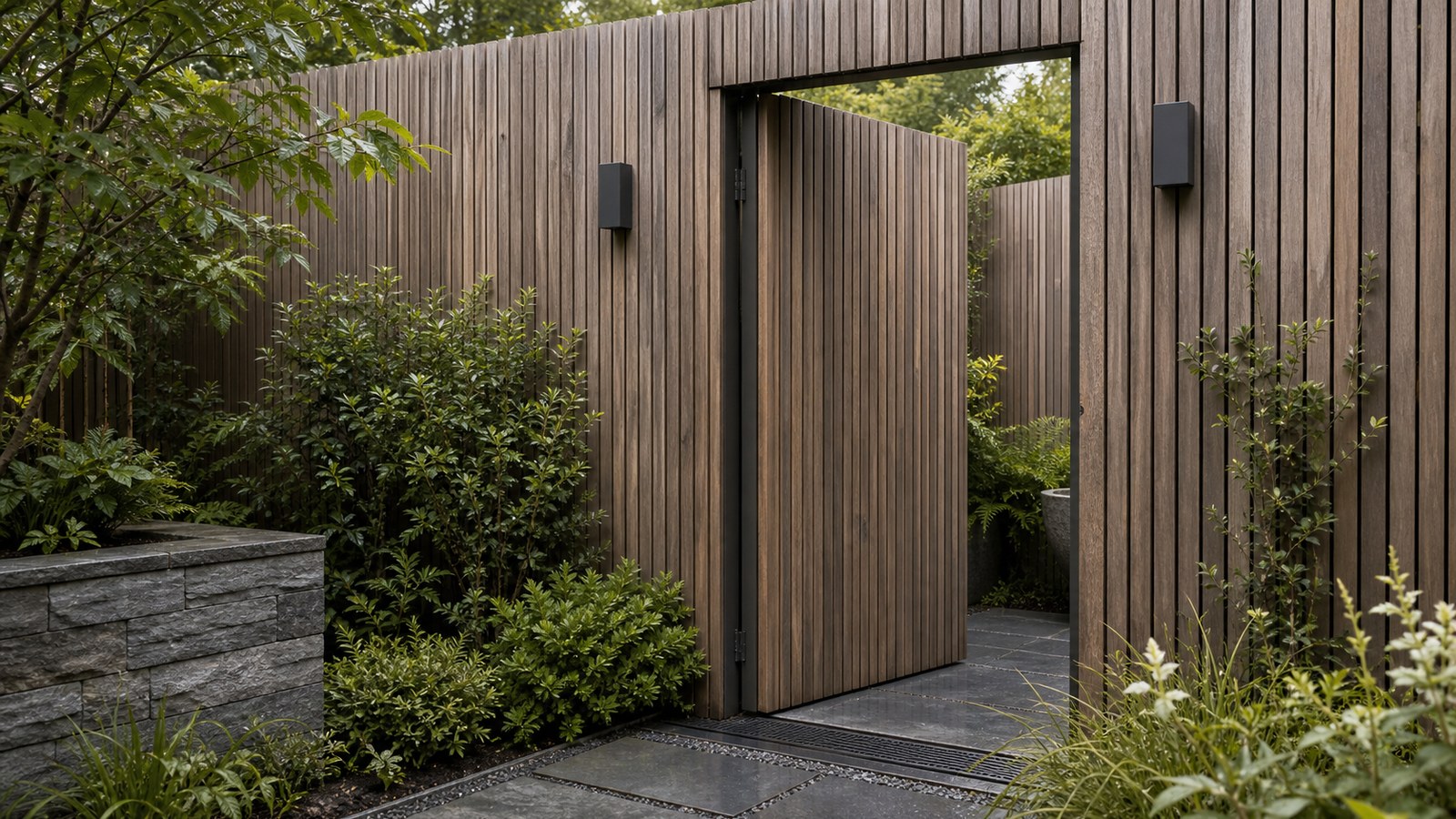 A discreet outdoor secret door blended into a garden fence with weatherproof detailing.