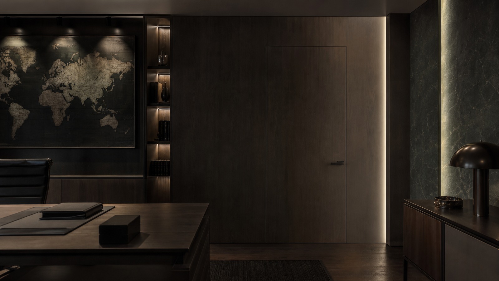 A realistic editorial image of a sleek spy-film-inspired office with a discreet concealed panel door.