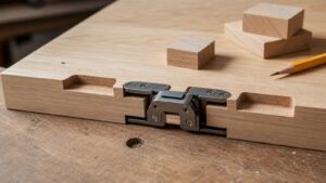 A realistic close-up of concealed hinges being installed on a flush hidden door panel with careful layout tools.