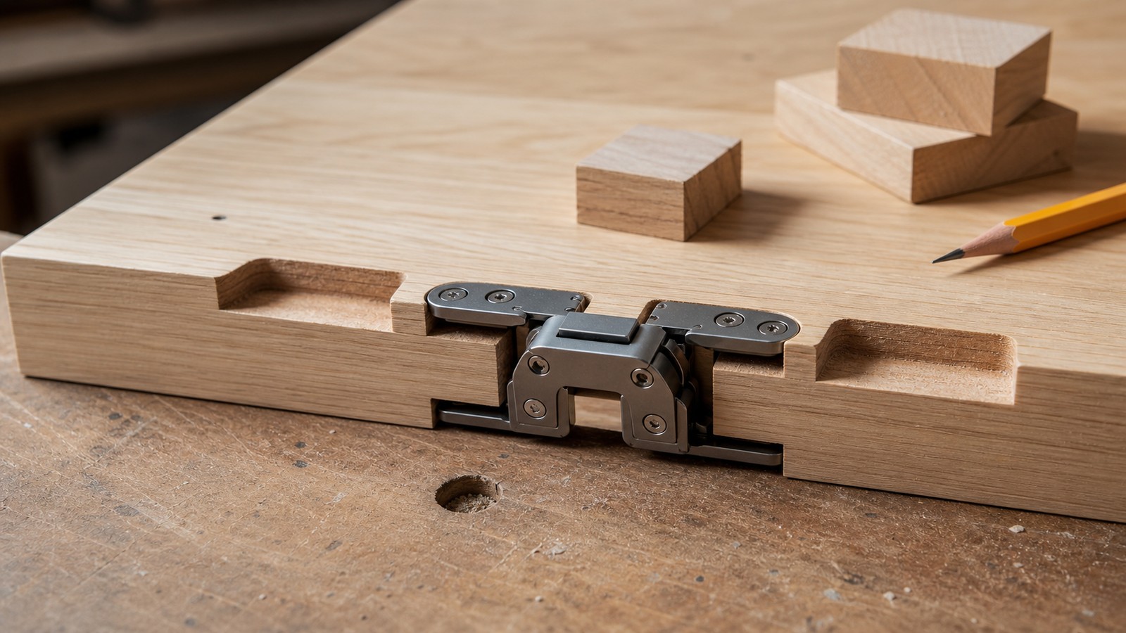 A realistic close-up of concealed hinges being installed on a flush hidden door panel with careful layout tools.
