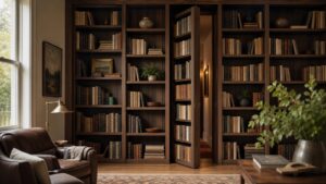 A warm reading room with a bookshelf door slightly open to reveal a hidden passage.