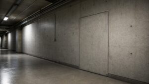 A realistic generic military installation corridor with a concealed reinforced access door and no readable markings.